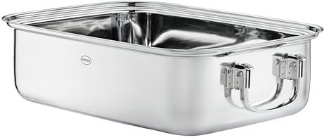 RÖSLE Bratreine aus Edelstahl 18/10, rechteckig, spülmaschinengeeignet | Auflaufform mit abklappbaren Griffen, ofenfest, Lasagne, Aufläufe, Braten und Schmorgerichte, 8 Liter, 37x27 cm, silbern