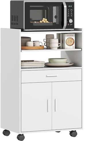 HOMCOM Küchenschrank Sideboard mit Rollen, mit 2 Türen, Schublade, Weiß | Mikrowellenregal, Mikrowellenschrank, Ausziehbares Regal, Aufbewahrungsschrank, für Küche, Esszimmer