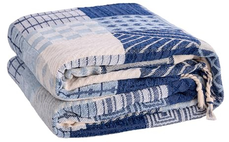 VANJOROY 100 % Chenille, Patchwork, großer Sofaüberwurf, Decke für 2- und 3-Sitzer, luxuriös, weicher Bettüberwurf für Couch, Tagesdecken, Teppich, Bettgeschenke, 150 x 190 cm, Blau