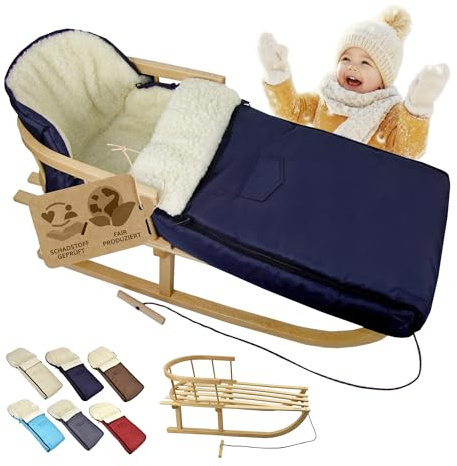 BambiniWelt Holzschlitten mit Rückenlehne & Zugseil + Winterfußsack 108 cm – warme Lammwolle, wasserabweisend – Kombi-Set für Kinderwagen & Buggy