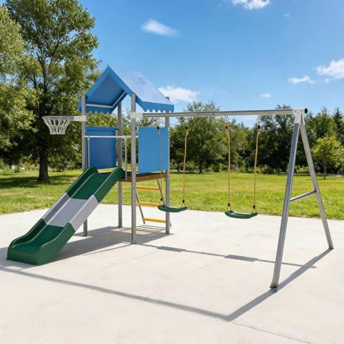 Kids Outdoor Playset with Double Swings, Slide & Basketball Hoop, Heavy-Duty Metal Backyard Playground Set for Children, Outdoor Play Equipment for Yard & Garden