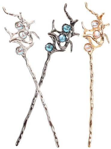 LIFKOME 3pcs Vintage Chinese Hair Sticks Gemstone Alloy Hairpins Set for Women Updo Styling Accessories Hair Chopsticks for Buns