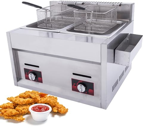 Friggitrice a gas, doppio cilindro in acciaio inox da 20 l, con 2 cestini e coperchio, temperatura regolabile per cucinare pollo fritto, gamberetti, patatine fritte e altro ancora