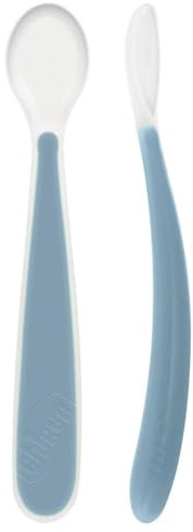 Chicco Set 2 Cucchiai in Silicone Morbido 6m+, Cucchiaio Svezzamento con Punta Flessibile Salva-Gengive, Manico Lungo Ergonomico e Design Igienico, Senza BPA, Confezione da 2 Pezzi