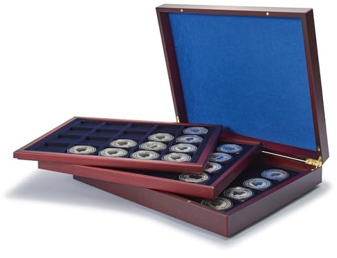 Leuchtturm 308474 VOLTERRA DE Luxe Münzkassette für 60 Münzen mit oder ohne Kapseln bis 48 mm Ø | Inkl. 3 Einlagen für je 20 Münzen | eckige Felder