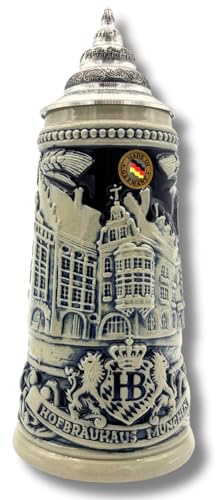 Reliefkrug Bierkrug Original Hofbräuhaus (0,5l, grau/blau) | Handarbeit Steinkrug | Bierbecher| Maßkrug | Geschenkidee für Herren und Damen
