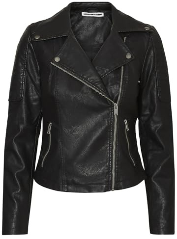 Noisy May Women's Faux Leather Coat Motorcycle Outerwear Long Sleeve Shacket PU Coated NMREBEL, Colours:Black-2, Size:M