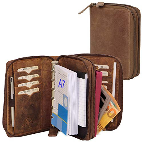 ALMADIH Leder A7 Kombimappe 2 Fächer mit Reißverschluss Kalender 2026 Premium Rindsleder Braun Vintage Geschenkbox Ledermappe Mappe Schreibmappe Terminplaner Terminkalender Ringbuchmappe (BV)