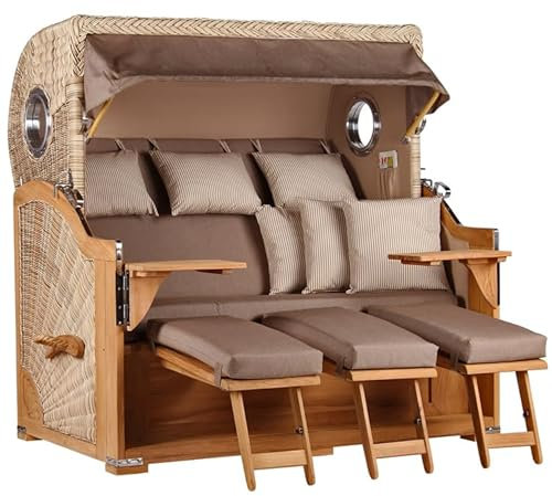 MR. DEKO® Strandkorb Baltikum 3-Sitzer Teak | PE Geflecht Shell | Volllieger Strandkörbe fertig montiert aus Teakholz | 2 Bullaugen & 3 Fußablagen | Polster & 6 Kissen | Dessin 534