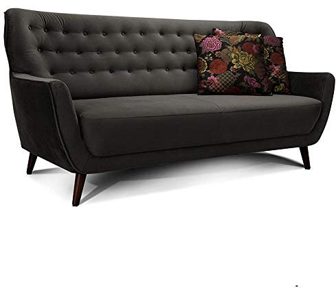 CAVADORE 3-Sitzer-Sofa Abby / Retro-Couch im Samt-Look mit Knopfheftung / 183 x 89 x 88 / Samtoptik, grau