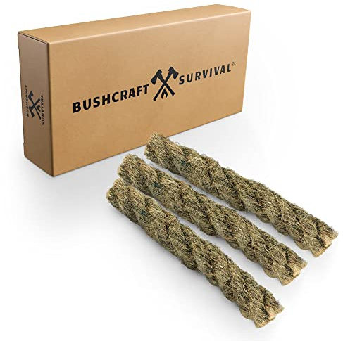 Bushcraft Survival Jumbo Jute Tinder Fire Starter Rope | 3 Pack Extra Large Natural Waterproof Kindling for Campfires | Wax Infused Cords for Camping, Hiking & Backpacking | Bushcraft Survival Tools