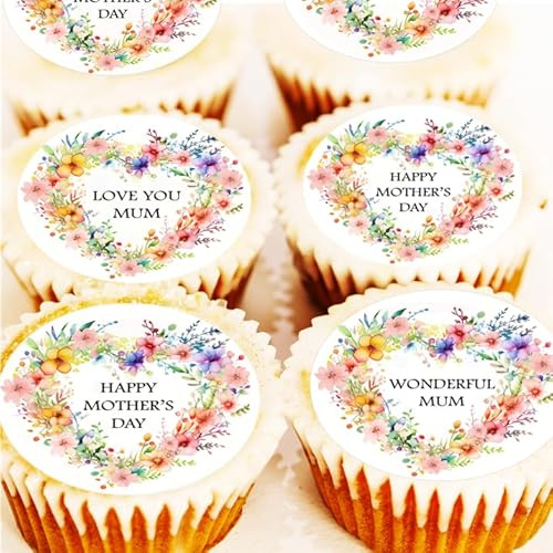 Mother's Day Cake Toppers - Mothers Heart Messages Cupcake Decorations - Pre Cut - Edible Icing or Wafer - 4cm x 24 (Edible Icing)
