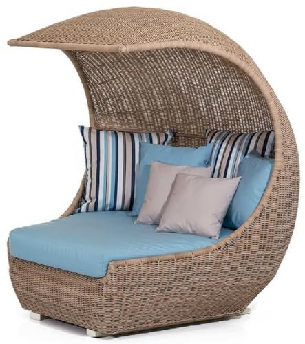 Casa Padrino Luxus Liegeinsel mit Sonnendach Braun/Hellblau 156 x 146 x H. 174 cm - Handgewebte Wetterbeständige Sonneninsel - Moderne Garten Möbel - Hotel Möbel