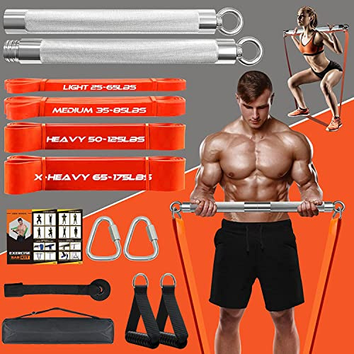 Bärbart extra tungt hem gym motståndsband bar set med 4 stapelbara motståndsband, avtagbar träningsutrustning för hela kroppen, 226 kg längre stång med band, träningsguide ingår