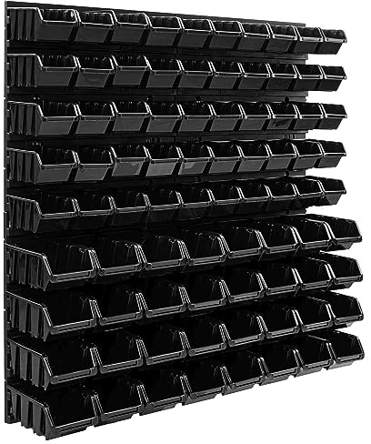 Panneau porte outils 77 x 78 cm et 82 caisses de rangement empilables, etagère murale boites de rangement bacs a bec, système de rangement crochets a outils, supports, atelier, garage, banc de travail