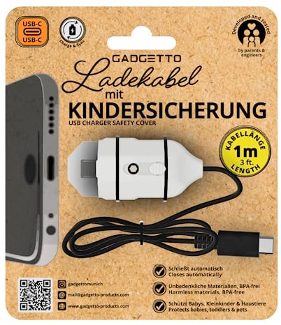 GADGETTO 1X Kindersicheres Ladekabel USB-C-zu USB-C Kabel 1 m weiß Laden & Datenübertragung Ladekabelsicherung sicheres Kabel Knickschutz Kabelschoner Ladekabel Schutz Babysicherung