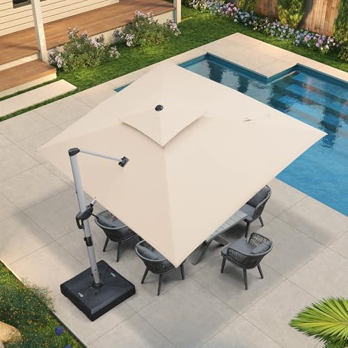 PURPLE LEAF Ombrellone 2.7x3.65 m Rettangolare, Ombrelloni da Esterno in Alluminio, 6 Posizioni Regolazioni, Tetto Doppio Rotazione a 360°, Ombrellone a Braccio Protezione UV, Per Caffè, Cachi