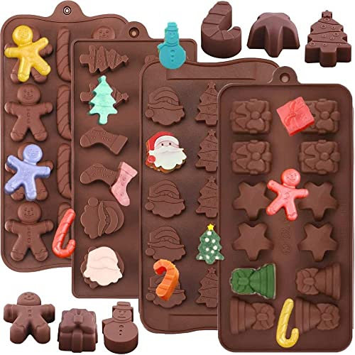 Lot de 4 moules à chocolat de Noël en silicone pour chocolat de Noël, muffins, bonbons, cupcakes, fondant
