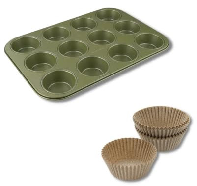 Zenker 9983950 Ensemble pour cuisson des muffins eco friendly plaque 12 empreintes et lot de 40 moules en papier, Acier, cire de carnauba, Papier, Vert, Brun, 38,5 et 7 cm