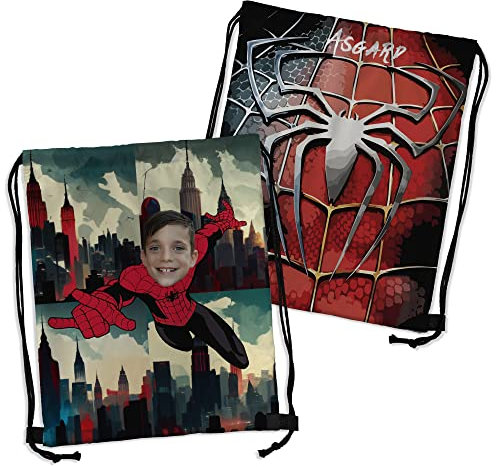 LolaPix Personalisierter Rucksack mit Namen und Foto. Mit Kordelzug. String Bag. Schulrucksack. Schwimmrucksack. Kindertasche. Beutel. Gym Bag. Originelle Geschenke. Spider