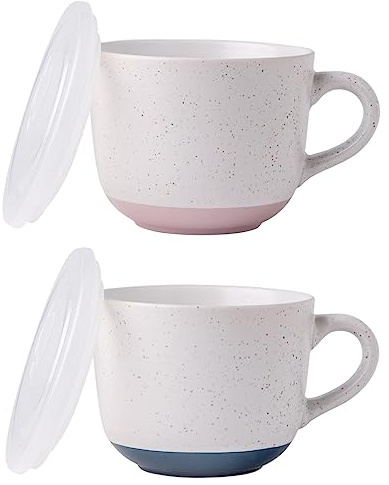 AmorArc Ceramic Soup Mugs with Lid, 24 oz Large Soup Cups with Hanlde for Coffee, Cereal, Salad, Noodles, Tea, Soup Bowls Cups, Microwave&Dishwasher Safe, Set of 2 (Pink & Blue, 24oz - Set of 2)