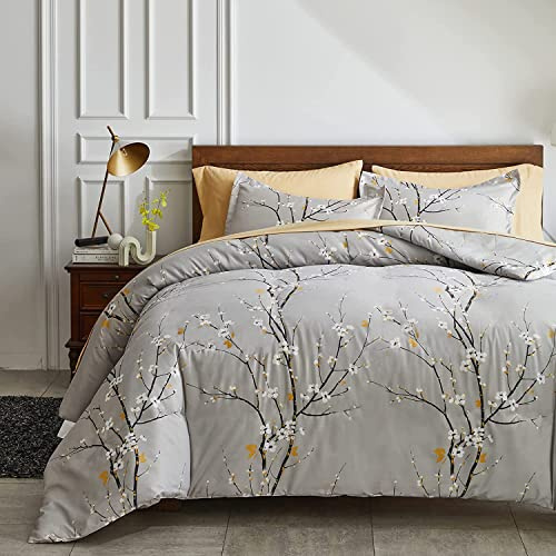 Lanqinglv Bettdecke 200x220cm Ganzjahresdecke 4 Jahreszeiten,Grau Weiß Blätter Blumenmuster Steppdecke für Allergiker Zudecke Schlafdecke Duvet 200x220 mit 2 Kissenbezug 80x80cm