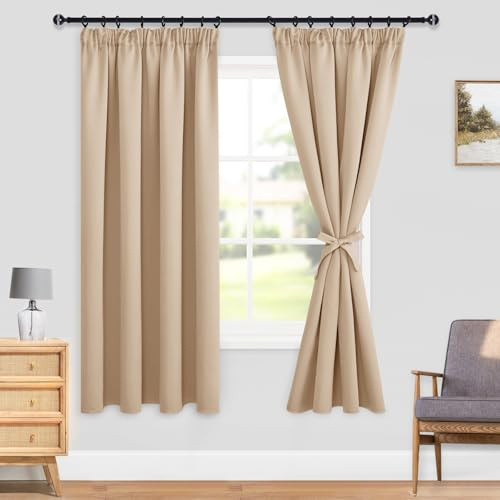 DWCN Vorhänge Blickdicht Gardinen mit Kräuselband Vorhang Schlafzimmer | 2er Set H183 x B117 cm, Beige Warm Verdunkelungsvorhang mit Vorhang-Krawatten Thermovorhang für Wohnzimmer