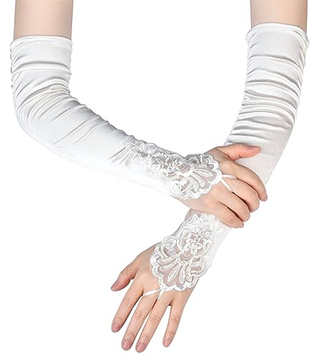 1 Pares Guantes Largos de Satén, Guantes Mujer Vintage, Guantes de Fiesta de Noch Encaje sin Dedos para Novia Boda, Guantes Accesorios para Fiesta de Disfraces de ópera de Boda (Blanco)
