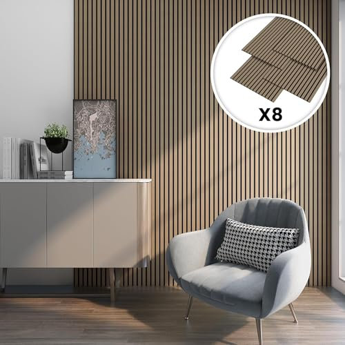 NEU.HOLZ Akustik Wandpaneele Vang 8er Set Wandverkleidung zum Kleben und Schrauben 5,76 m² Holzfurnier 3D Paneele Lamellen in Walnussoptik, hell