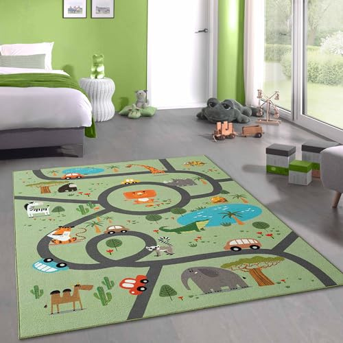 CARPETIA Teppich Kinderteppich Kinderzimmerteppich Kinderzimmer modern rutschfest pflegeleicht Safari Matte grün 120 x 160 cm
