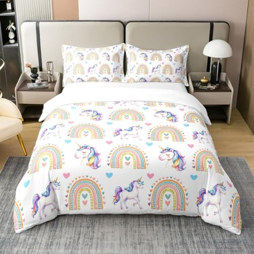 100% Nature Cotton Unicorn Duvet Cover Set Cute Boho Rainbow Horse Comforter Cover Set Twin Size with 1 Pillowcase Cartoon Animal Bedding Set