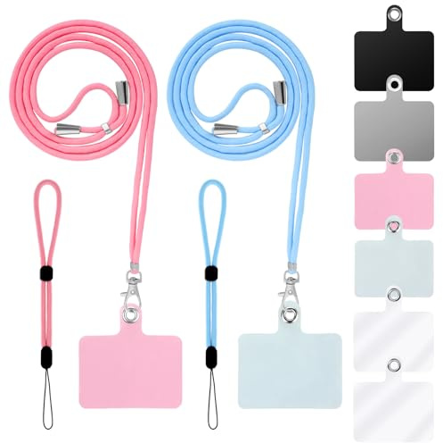 Cobee Cell Phone Lanyard, 2pcs Neck Lanyard + 2pcs Wrist Lanyard Strap + 6pcs Phone Tether Tabs, Nylon Crossbody Lanyard Wristlet Straps PVC Tether Pads for Safety Drop Protection(Blue, Pink)