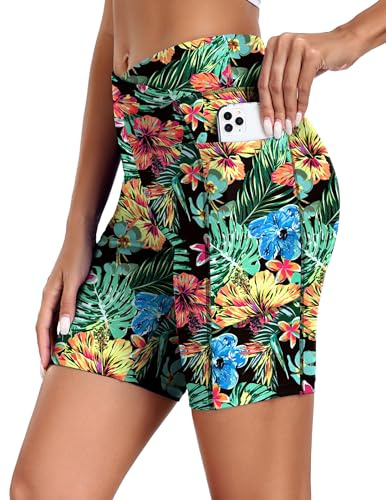 Ekouaer Women's Board Shorts High Waisted Swimsuit Bottoms Cross Waist Beach Surf Swimwear with Pocket