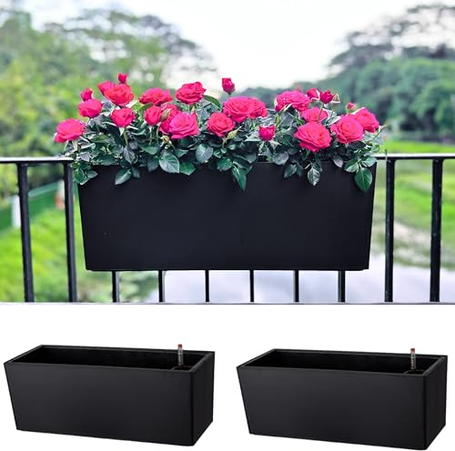 LaLaGreen Pflanzgefäß für Balkon und Außenbereich (2 Stück, 50,8 cm), groß, schwarz, selbstbewässernd, Geländer-Pflanzgefäße mit Halterungen, rechteckiger Kunststoff-Deckzaun, Fensterkasten,