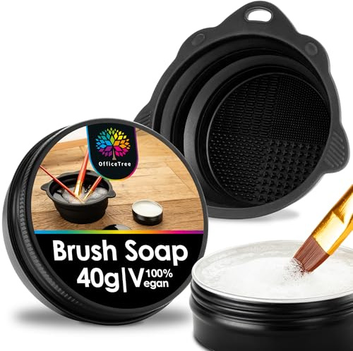 OfficeTree Sapone Pennelli 40g con Tazza per la Pulizia - Pulisci Pennelli Pittura Acrilica e Acquerello - Pulitore Pennelli per Tutti i Tipi di Setole - Brush Cleaner - Brush Rinser Paint