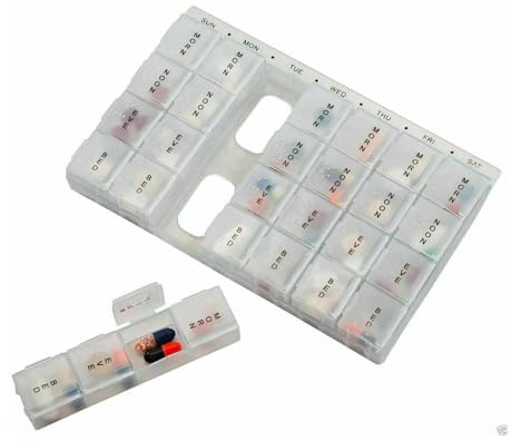 Weekly Pill Box 7 Day 4 Times a Day Pill Dispenser | Tablet Organiser with 28 Compartments | Clear Medicine Storage Box (Clear)