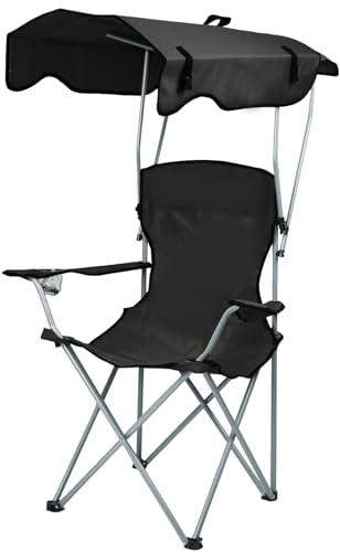 Chaise Pliante pour Voyages, Pêche, Festival - Noir avec Parasol et Porte-gobelet