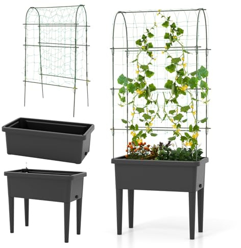 HOMASIS Orto rialzato in legno con graticcio per piante rampicanti, fioriera rialzata con tutore e rete in nylon, aiuola con graticcio per balcone, giardino, 76x37x189 cm