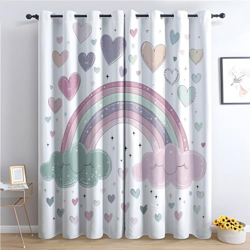 Regenbogen Wolken Vorhänge, Verdunklungsvorhänge mit Muster Kinder Mädchen, Vorhang Blickdicht mit Ösen, Gardinen für Wohnzimmer Schlafzimmer Kinderzimmer Deko 2er Set - 137x117 (H X B) (Gc-&378)