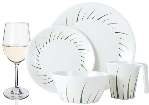Set di stoviglie da campeggio in melamina, per 4 persone, design limon + 4 bicchieri da vino bianco Tiamo bicchieri da vino da tavola, stoviglie da picnic, barbecue