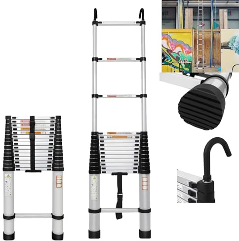 Telescopic Ladder Extension Retractable Ladder,folding Aluminium ladder Non-Slip Feet& Detachable Hook,Heavy-Duty Ladder with Max Load 330lbs for Decoration,Domestic, Construction(4.4M)