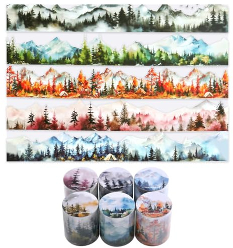 Washi Tape Stickers Set de 6 rollos de pegatinas decorativas PET, diseño de montaña/árboles/bosques, efímera natural para diario basura, álbumes de recortes, manualidades