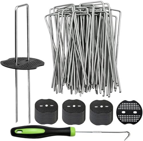 50 Weed Control Membrane Pegs, 50 Buffer Washer with 1 Pick Hook, 150mm/6 Weed Mat Metal Garden Landscape Staples U-Shaped Artificial Grass Pins Ground Cover Mossing Fabric Barrier Pegs Accessories