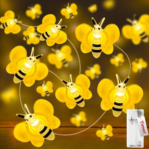 kolpop Biene Lichterkette, 2m 20 Led Lichterkette Innen Batterie mit Timer, Süße Bienen Lichterketten Deko, Bienen Fairy Lights für Garten, Blume, Hochzeit, Kinderzimmer, Weihnachten, Partys