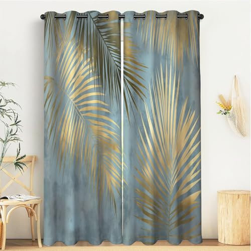 Tende A Blackout Stampate 150Lx225A, 2 Pezzi | Foglie Di Palma In Lamina D'Oro Stile Grunge Design I Room Darkening - Blocca La Luce Dell |Riduzione Di Rumore E Calore Lavabile