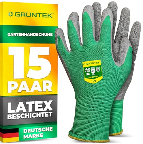 GRÜNTEK Gants de Travail Jardinage 15 PAIRES. Gants de Jardin Homme Femme Taille 9 enduits Latex. Gants de sécurité