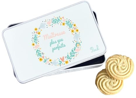 Boîte à biscuits Maîtresse plus que parfaite personnalisée – Boîte métal 18x13 cm – Cadeau fin d’année scolaire – Prénom + fleurs pastel