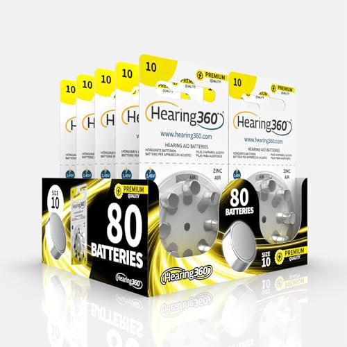 Hearing360 80 batterie per apparecchi acustici misura 10 qualità premium, durata extra, compatibili con tutti i modelli, senza mercurio (10 blister da 8 pile)