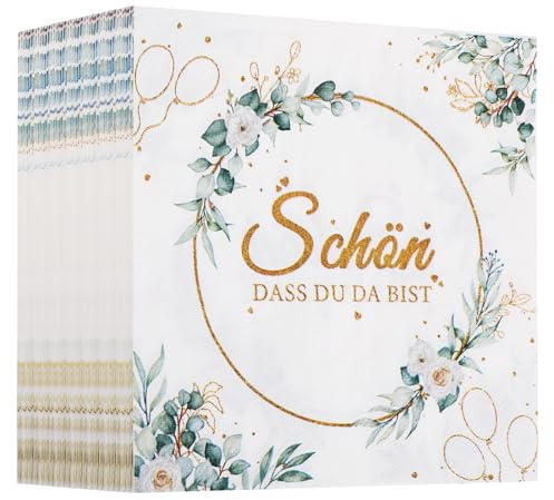 80 Stück Servietten (33 x 33 cm) 'Schön, dass du da bist!' 2 lagig Servietten Tischdekoration für Taufe, Kommunion, Konfirmation oder Hochzeit