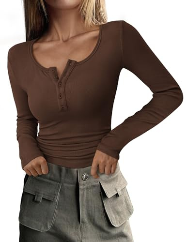Zeagoo Langarmshirt Damen Rippstrick Shirt Langarm Slim Fit Oberteil Herbst | Stretch Tops mit Knöpfen